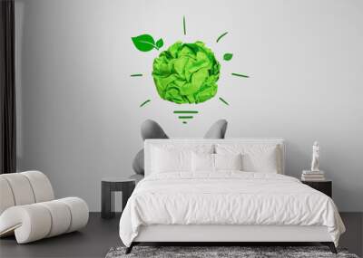 Corporate Social Responsibility (CSR), eco-friendly business concepts with businessman hand holding crumpled green paper light bulb Wall mural